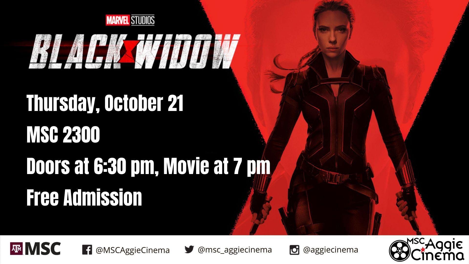 Black Widow on October 21 in MSC 2300 at 7 p.m. Free Admission